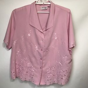Vintage‎ Joanna Plus Womans 1X Pink Embroidered Blouse Button Up